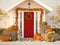 Autumn decorated house with pumpkins and hay. 3d rendering