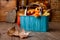 Autumn decorations on vintage kitchen in turquoise and orane