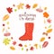 Autumn design with frame of leaves, wellington boots