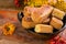 Autumn dessert, stuffed cookies on the wooden table, Thanksgiving food concept