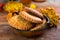 Autumn dessert, stuffed cookies on the wooden table, Thanksgiving food concept