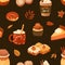 Autumn desserts flat seamless pattern. Pumpkin spice latte, biscuits and cupcakes vector texture. Cappuccino, buns and