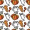 Autumn details seamless pattern with doodle illustrations. Autumn leaves, pumpkins, kettle, glass, mulled wine, oak