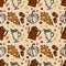 Autumn details seamless pattern with doodle illustrations. Autumn leaves, pumpkins, kettle, glass, mulled wine, oak