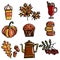 Autumn details set with doodle illustrations. Autumn leaves, pumpkins, kettle, glass, mulled wine, oak, acorns