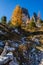 Autumn Dolomites mountain scene, Sudtirol, Italy. Cinque Torri Five towers rock formation