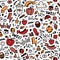 Autumn doodle seamless pattern. Fall illustration with pumpkin, coffee, leaf on white background