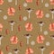 Autumn dry leaf, mushroom, white spot watercolor seamless pattern