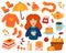 Autumn elements. Cute girl hold cup. Sweater, hat, scarf, socks, umbrella. Basket pumpkins, books. Rubber boots. Pumpkin pie