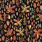 Autumn embroidery. Ditsy seamless pattern with colorful leaves on black background