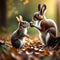 Autumn Encounter - Squirrel and Rabbit Amidst Falling Leaves
