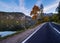 Autumn evening Alps mountain lake with reflections. Almsee, Upper Austria