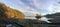 Autumn Evening Landscape Panorama of Island in Wittys Lagoon, Southern Vancouver Island, British Columbia