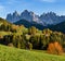 Autumn evening Santa Magdalena famous Italy Dolomites village surroundings view in front of the Geisler or Odle Dolomites mountain