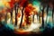 Autumn fabulous picturesque forest. Mysterious forest. Colorful painterly illustration. AI-generated