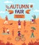 Autumn fair. People enjoying public park, fall festival arts, crafts and street food market, season harvest sale flyer