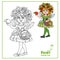 Autumn fairy girl in a wreath of viburnum and a basket of fruit in her hands color and outlined isolated on a white