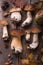 Autumn fall composition. Variety raw edible mushrooms Penny Bun Boletus leccinum on rustic table. Ceps over wooden dark background