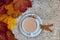 Autumn fall cup of tea with milk, brown sugar, cinnamon rolls