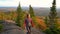 Autumn Fall Foliage Colorful Forest with Woman Running Happy on on Travel Hike at Stunning View Point. Hiking woman on