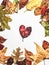 Autumn fall frame border natural colorful leaves heart shape