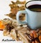 Autumn, fall leaves, hot steaming cup of glint wine