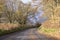 Autumn fall road with orange leaves on trees and tarmac at Glenesk in Scotland