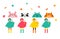 Autumn, fall scene with various cute kids, boys and girls in colorful raincoats having fun, playing with autumn leaves