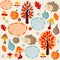 Autumn fall seamless pattern with fruit, hedgehogs,trees