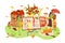 Autumn, fall season vector illustration set, composition. Family walks in autumnal park with umbrellas, harvest and fall