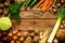 Autumn fall vegetables on vintage wooden background