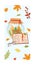 Autumn fallen leaves in jar, poster lovely concept fall organic foliage, cozy read book poster flat vector illustration