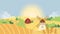Autumn farm agricultural landscape vector illustration, cartoon farmland yellow wheat field with wind mill and farmers