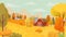 Autumn farming landscape. Country farm, yellow trees and farmhouse field cartoon vector background illustration