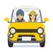 Autumn fashion Couple riding the Yellow car - Isolated