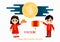 Autumn festival greeting card. Chinese children hold lanterns and moon cakes against the background of the moon and clouds.