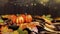 Autumn festive pumpkins decorations with dried leaves, indoor fall composition with pumpkins, leaves and lights