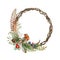 Autumn festive wreath with robin bird. Watercolor illustration. Beautiful round season decorative frame with robin bird