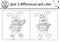 Autumn find differences game for children. Black and white educational activity and coloring page with hare carrying carrot. Fall