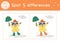 Autumn find differences game for children. Fall season educational activity with raccoon with umbrella under the rain. Printable