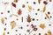 Autumn flat lay. Fall leaves, berries, acorns, walnuts, cinnamon and anise on white background. Minimalistic autumn natural