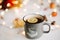 Autumn flat lay. Seasonal home autumn decoration with tea cup with lemon. Thanksgiving, Halloween and fall concept. Cozy warm imag