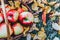 Autumn flatley. Apples with yellow leaves in a wicker eco basket.