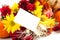 Autumn floral arrangement on white with a note