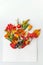 Autumn floral composition. Plants viburnum rowan berries dogrose fresh flowers colorful leaves in mail envelope on white