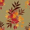 Autumn floral seamless pattern of bouquet of autumn leaves with flowers and berries