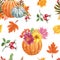 Autumn floral seamless pattern with orange pumpkins, colorful foliage and red berries. Fall botanical print with white background