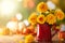 Autumn floral still life with beautiful yellow dahlia in vintage red jug and pumpkins on the table. Autumnal festive concept