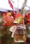 Autumn Flower composition with flowers Chrysanthemum and Maple Leaves in Glass Jar