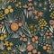 Autumn Flower field fall colors seamless pattern. Repeating liberty doodle flower meadow on a dark background. Repeating